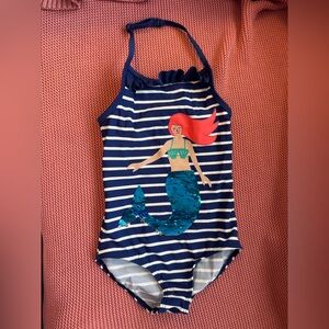 Boden Navy Blue Striped One-Piece Swimsuit with Mermaid Applique 6-7 122 cm
